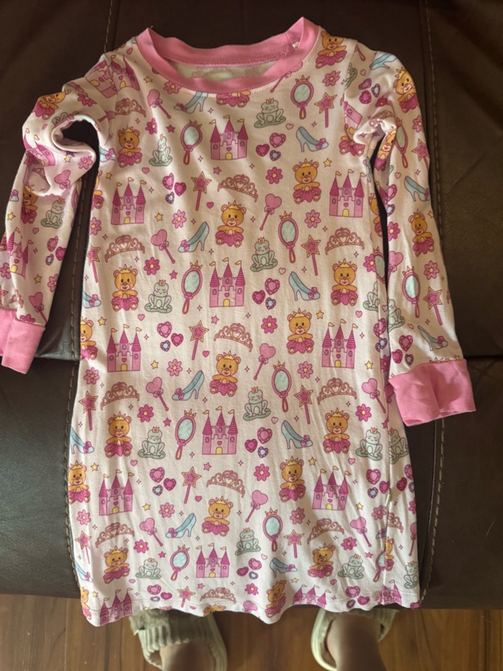 Girls Pink Princess Print Long Sleeve Pajama Nightgown—bamboo